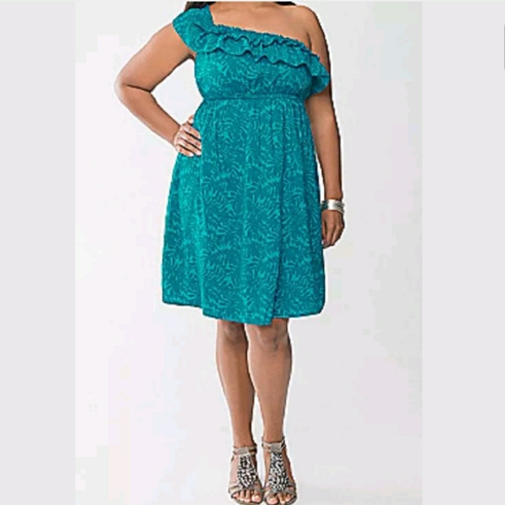 Lane Bryant Dress Blue One Shoulder Leaf NWOT - Picture 1 of 4